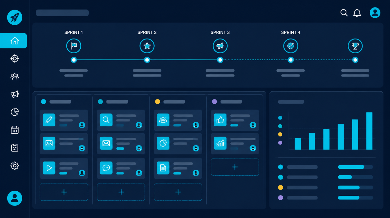 Agile marketing strategy dashboard with sprint roadmap and Kanban board