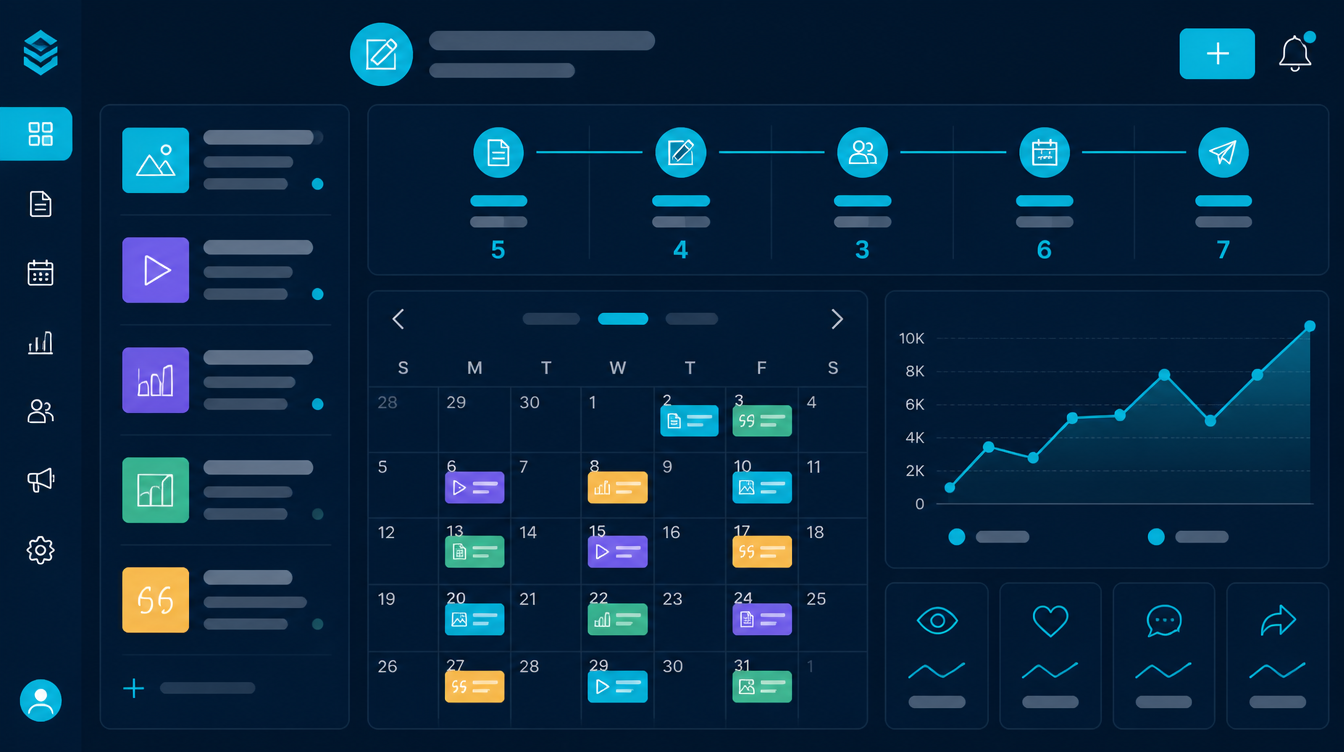 Content marketing dashboard with publishing calendar and engagement chart